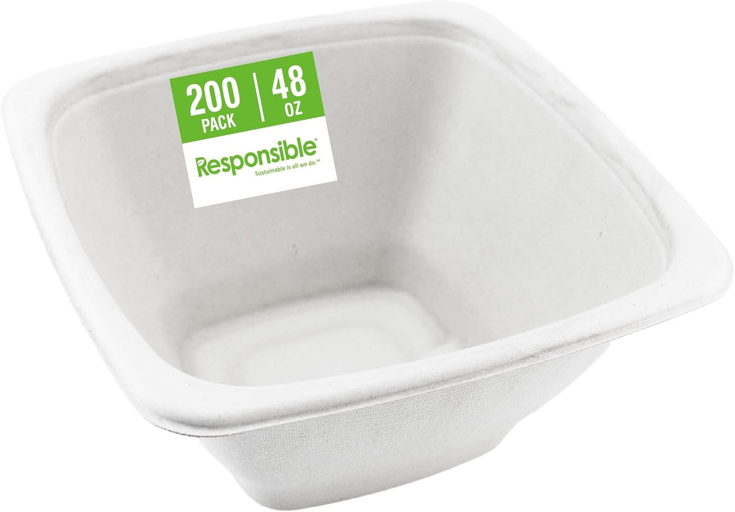 100% Compostable Square Serving Bowls, 48 oz Disposable Paper Bowls, Microwave Safe, Freezer Safe, Soup Safe, No Plastic, Eco-Friendly, Tree-Free, No PFAS. White (200 Count)