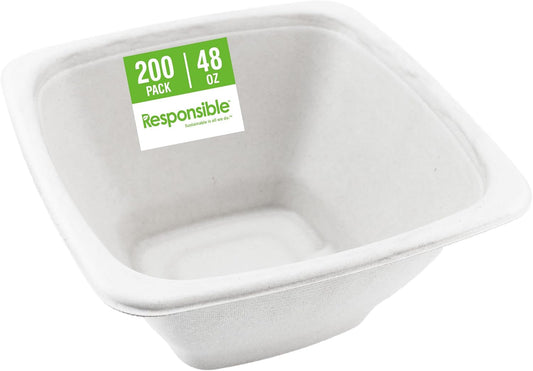 100% Compostable Square Serving Bowls, 48 oz Disposable Paper Bowls, Microwave Safe, Freezer Safe, Soup Safe, No Plastic, Eco-Friendly, Tree-Free, No PFAS. White (200 Count)
