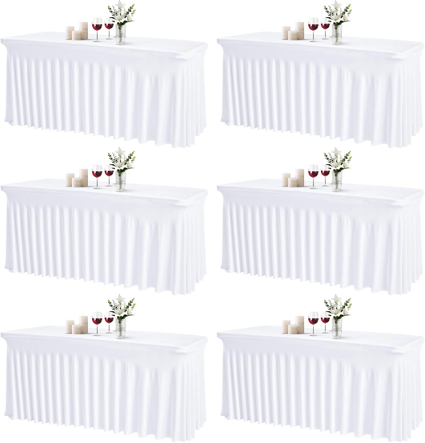 JCJ Table Skirt for Rectangle Tables Set of 6 Spandex Fitted White Tablecloths for 6FT Tables, Wrinkle Resistant Ruffles Elastic Table Cover Skirts for Teacher Desk Weddings Banquets Parties
