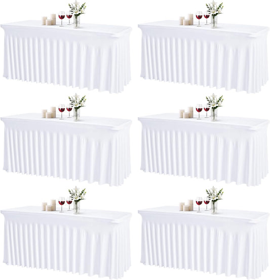JCJ Table Skirt for Rectangle Tables Set of 6 Spandex Fitted White Tablecloths for 6FT Tables, Wrinkle Resistant Ruffles Elastic Table Cover Skirts for Teacher Desk Weddings Banquets Parties