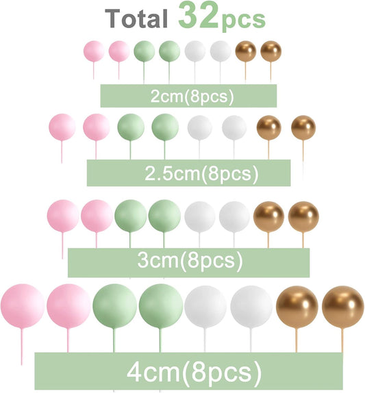 ASTARON Ball Cake Topper, 32 Pcs Foam & Wire Decorations, Mini Balloons Cake Topper Sticks, 4 Colors & Sizes for Wedding Party Birthday Cake Decorating