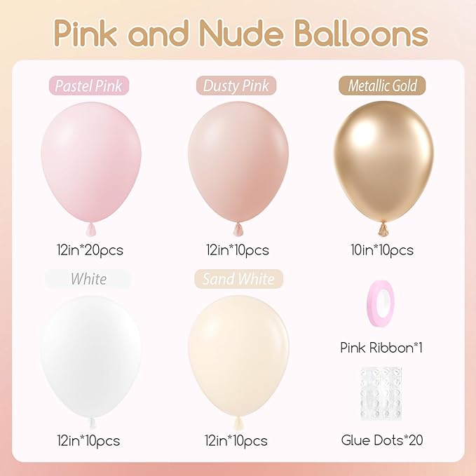 60pcs Dusty Pink Balloons 12inch with Pastel Pink Sand White Metallic Gold Balloons for Bridal Baby Shower Birthday Party Decorations