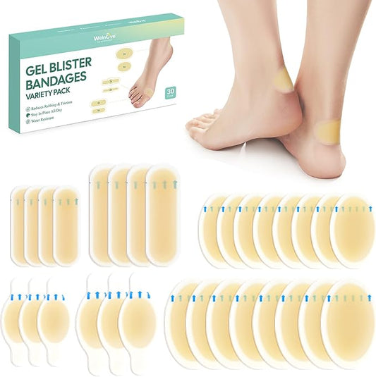 Welnove Gel Blister Bandages for Feet - 30ct Blister Cushion for Heel, Toe - Water-Resistant Hydrocolloid Bandages - Blister Pads for Prevention & Recovery
