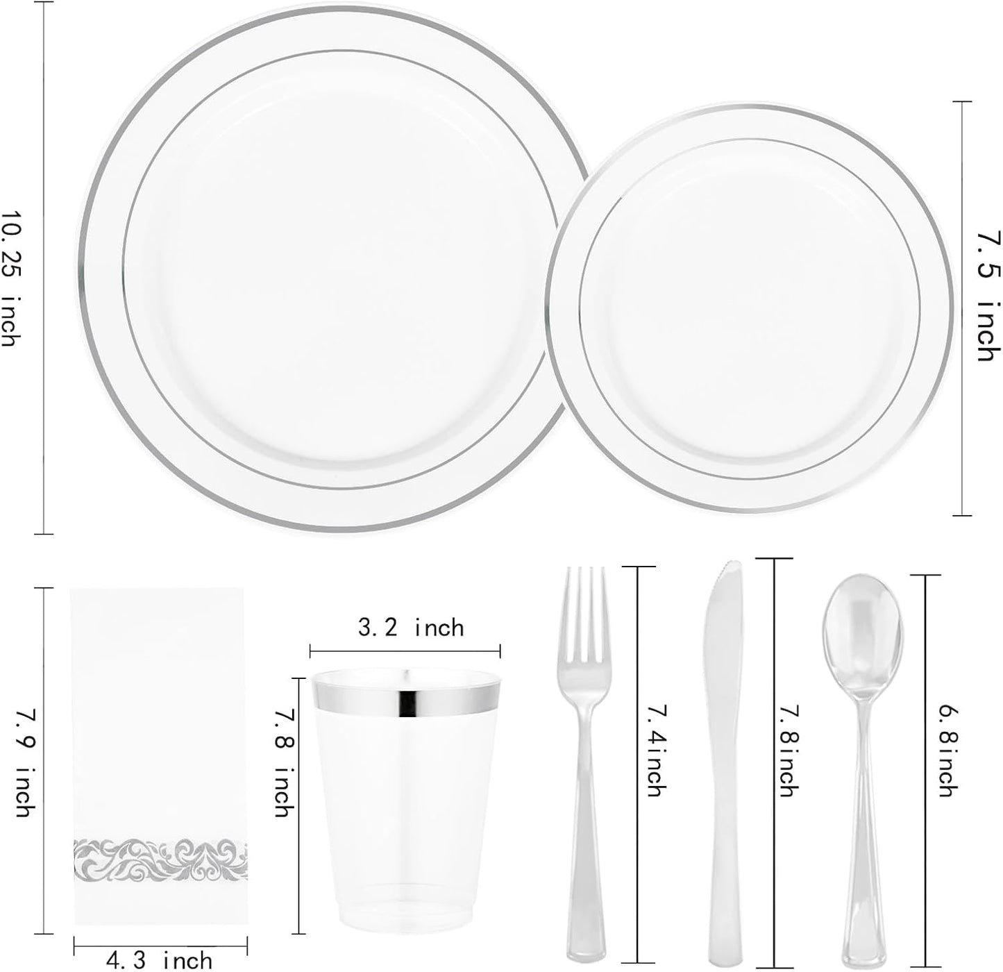 Supernal 400pcs Silver Plastic Dinnerware Set Heavy Duty Disposable Plates Include Silver Plastic Dessert Plates,50 Spoons & Knives & Cups & Napkins & 100 Forks,Prfect For Party and Wedding
