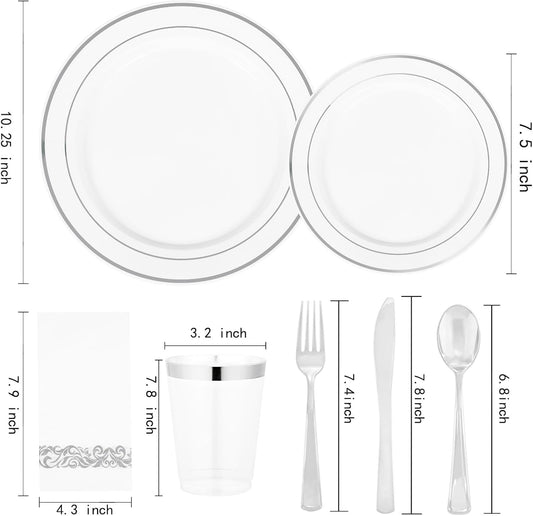 Supernal 400pcs Silver Plastic Dinnerware Set Heavy Duty Disposable Plates Include Silver Plastic Dessert Plates,50 Spoons & Knives & Cups & Napkins & 100 Forks,Prfect For Party and Wedding