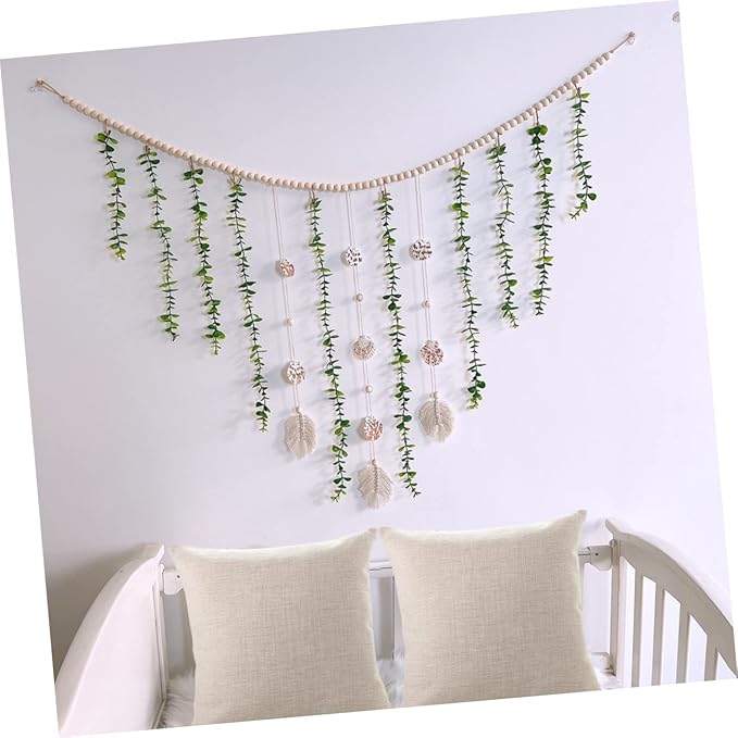 Wooden Bead Fake Vines Garland with Eucalyptus Leaves Shells Lightweight Wall Hanging Decor for Bedroom Living Party Versatile Home Decoration