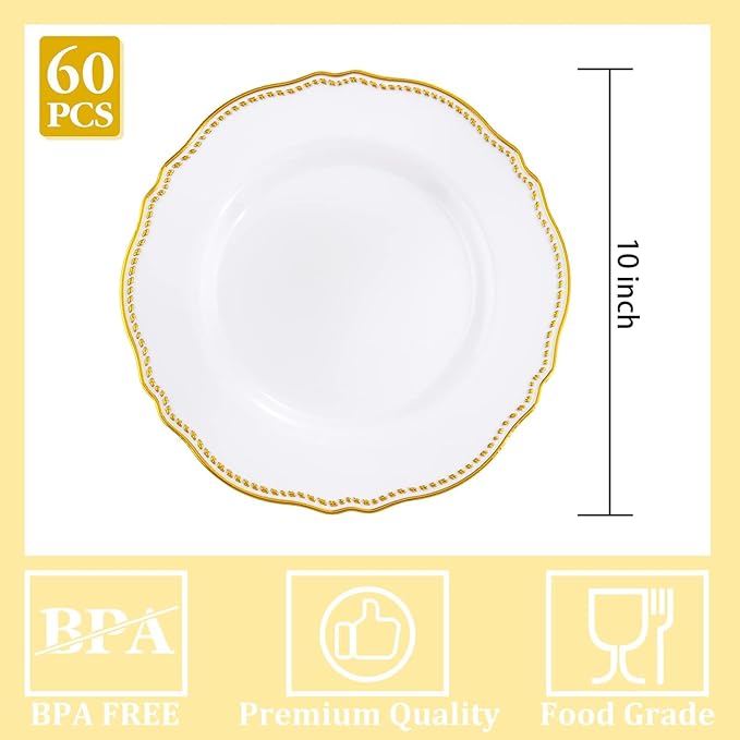 Hioasis 60pcs Gold Plastic Plates - White and Gold Disposable Dinnerware with Gold Rim, Heavy-duty, 10 inch, Dinner Plates for Party & Wedding