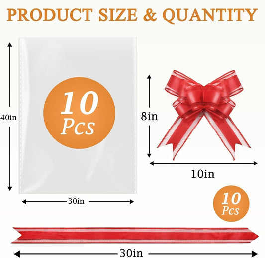 PigPotParty 30"x40" Clear Cellophane Gift Bags - Includes Bows – 10 Pack Large Cellophane Wrap for Gift Baskets, Plastic Gifts Bags for Gift Giving