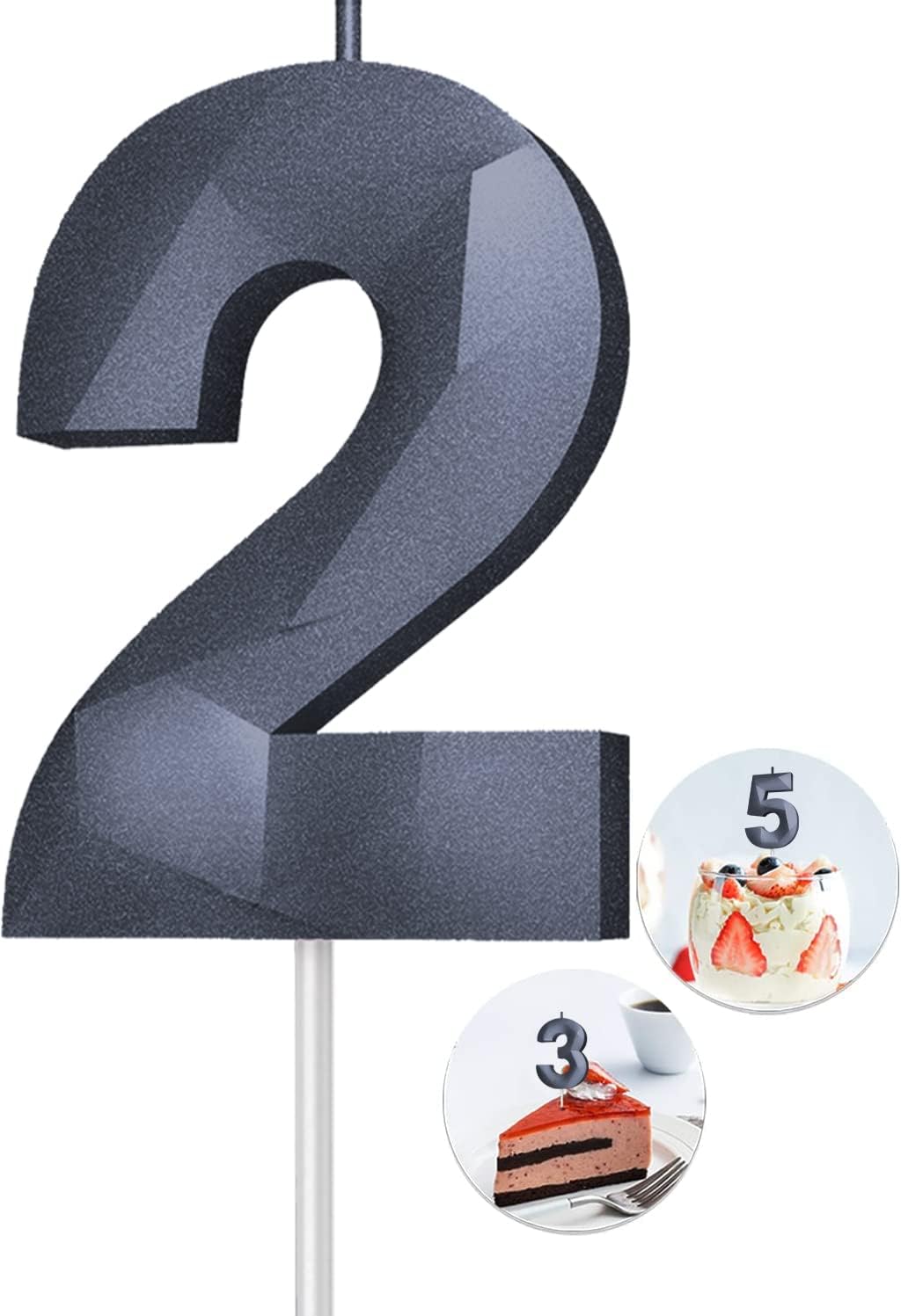 Number Birthday Candles(2 Candle Black) 3D Diamond Shape 2nd Happy Birthday Cake Topper Decorations for Boy Men Birthday Wedding Anniversary Celebration Theme Party Supplies