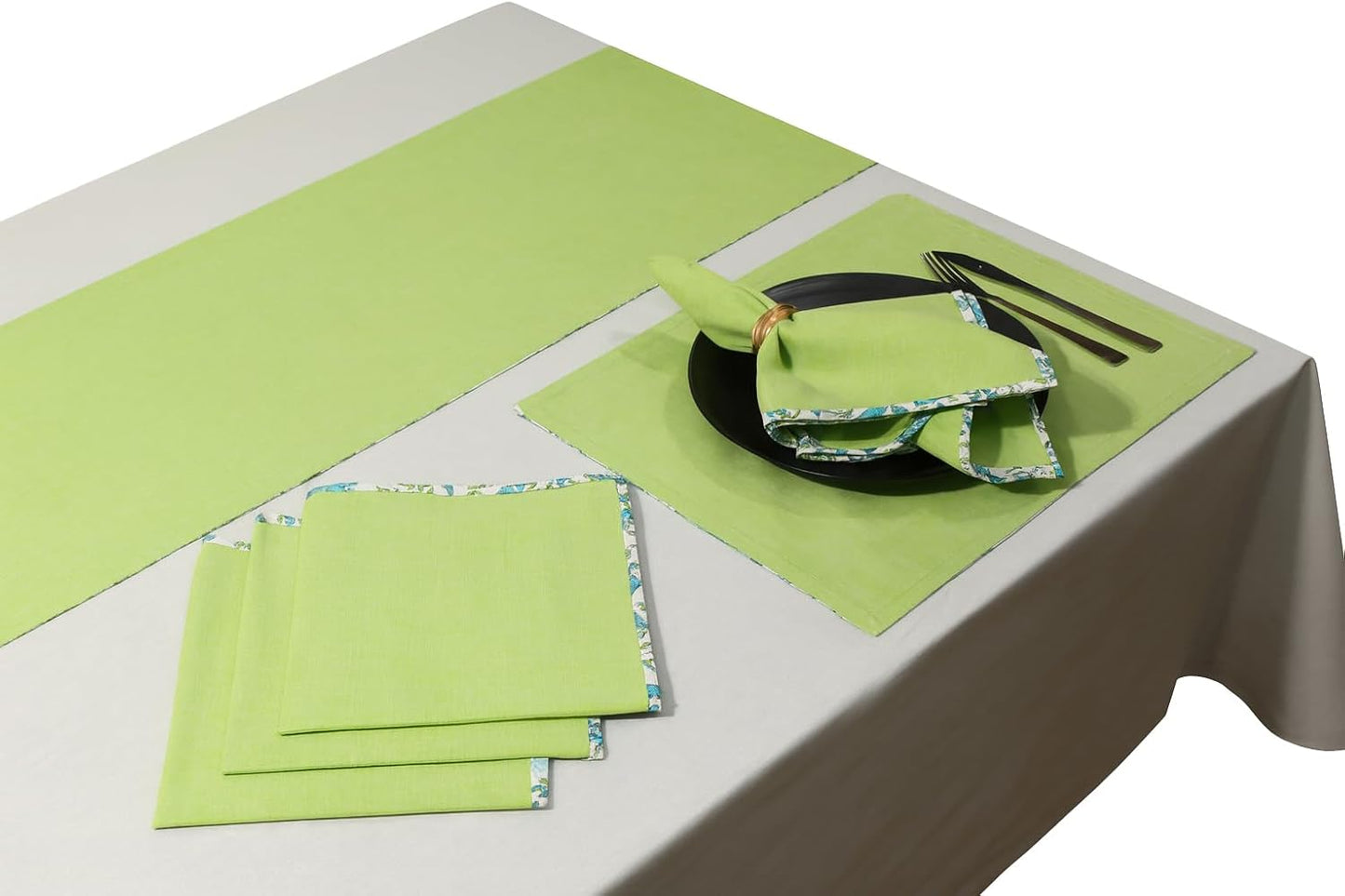 Touchstone Indtresor Indian Heritage Fabric Cotton Table Linen Reversible Set Runner Napkins Mats in Blue Green