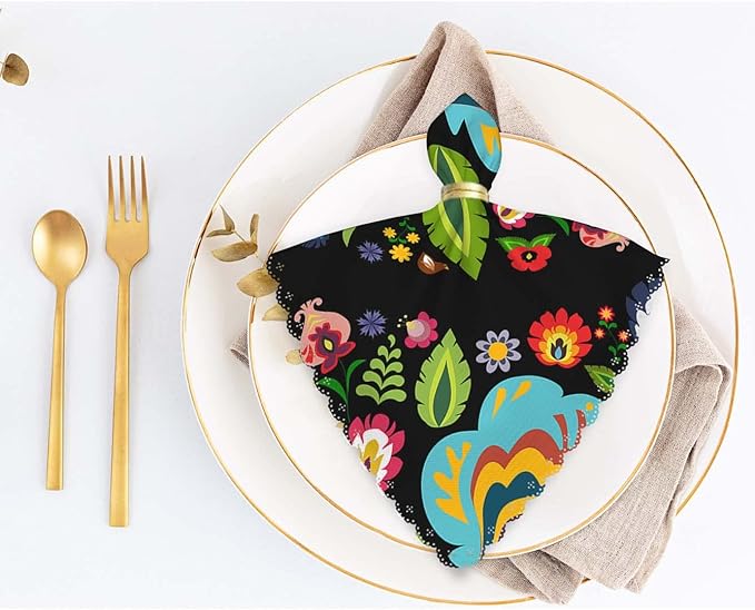 Yibeas Traditional Floral Cloth Napkins Set of 4 Soft Polish Folk Flower Pattern Polyester Dinner Napkin for Family Restaurant Weddings Parties