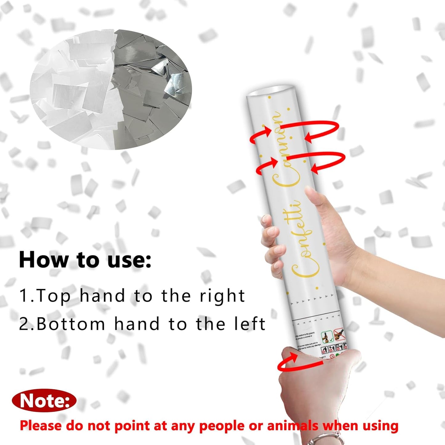 12" Silver & White Confetti Cannons - Party Poppers for Birthday Graduation Retirement Wedding New Year Celebrations - Easy to Use - Pack of 4
