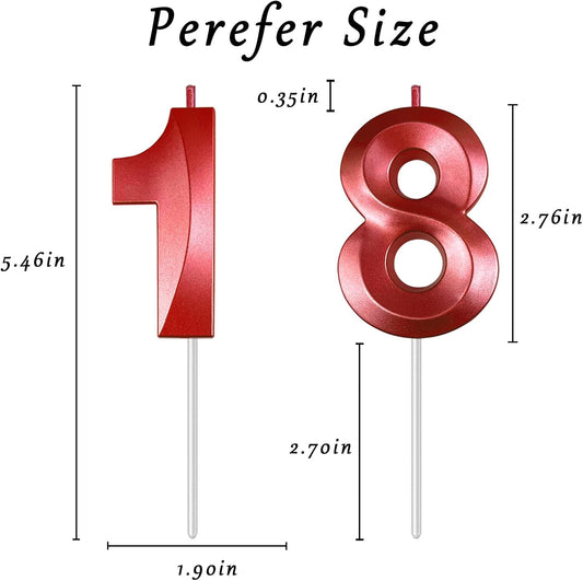 Red Number 18 Candles, 3D Diamond 2.76 Inch Cake Topper Birthday Candles for Wedding Anniversary Cake Decorations, Happy Birthday Party Decorations