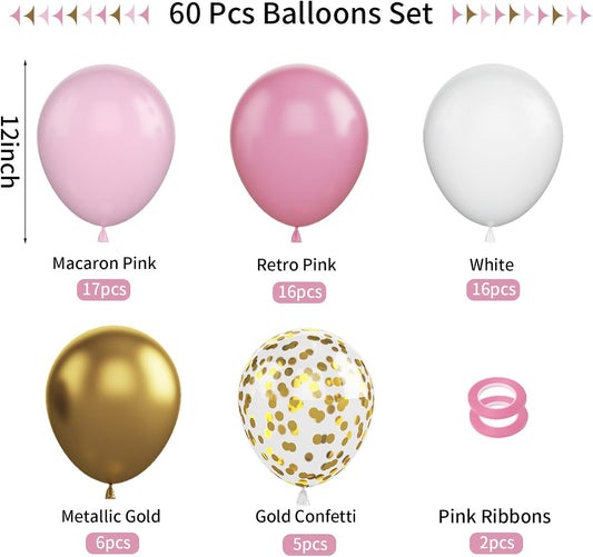 FunHot Pink and Gold Balloons, 60Pcs Retro Pink White Balloons, 12 Inch Metallic Gold Confetti Balloons Helium Light Pink Latex Party Balloons for Girls Baby Shower Birthday Princess Party Decorations
