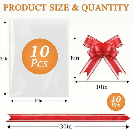PigPotParty 16"x24" Clear Cellophane Gift Bags - Includes Bows – 10 Pack Cellophane Wrap for Gift Baskets, Plastic Gifts Bags for Gift Giving