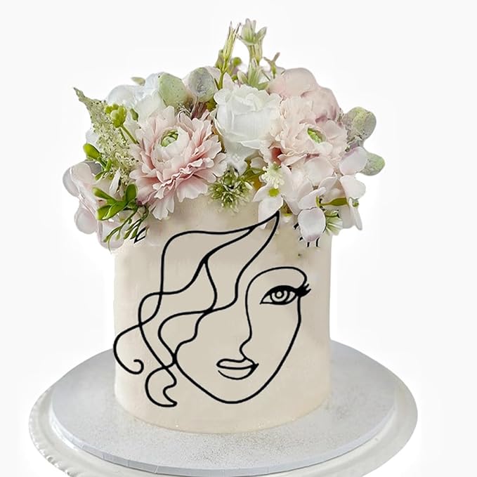 Lady Face Cake Topper, Personalized Acrylic Minimalist Art Lady Girls Cake Topper Vintage Artificial Rose Flower Wedding Cake Toppers for Birthday Party Wedding Bridal Shower