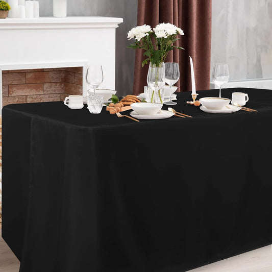 Obstal 4 Pack Black Tablecloth Fitted Table Clothes for 8 Foot Rectangle Tables - Water Resistant Washable Fabric Polyester Rectangle Table Cover for Outdoor/Indoor Uses?96L x 30W x 30H Inches, Black?