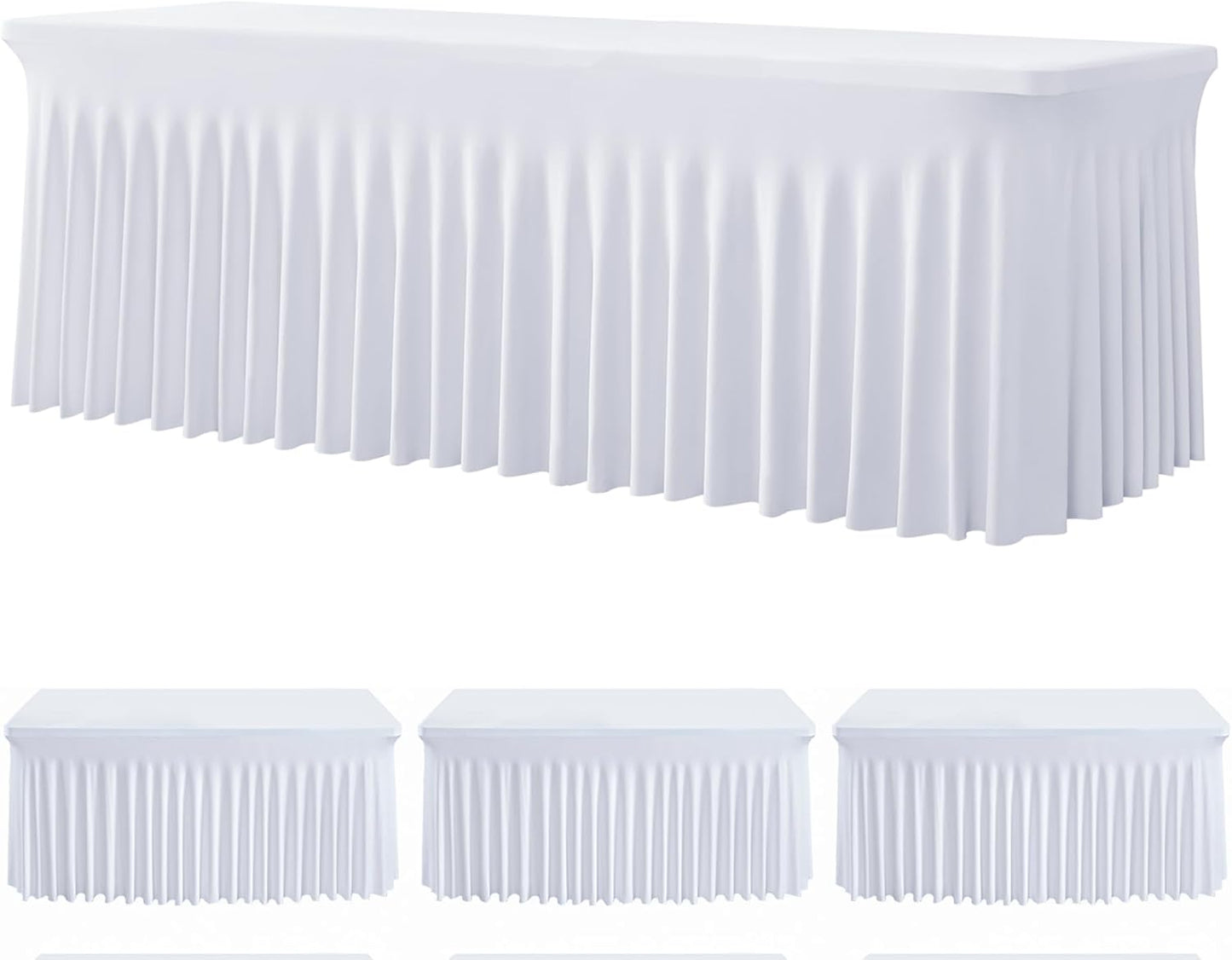 3 Pack White Spandex Table Clothes for 8 Foot Rectangle Tables, Wrinkle Free Fitted Tablecloths 8ft Stretchy Table Cloths Cover Skirt for Parties Weddings Birthday Banquet Baby Shower