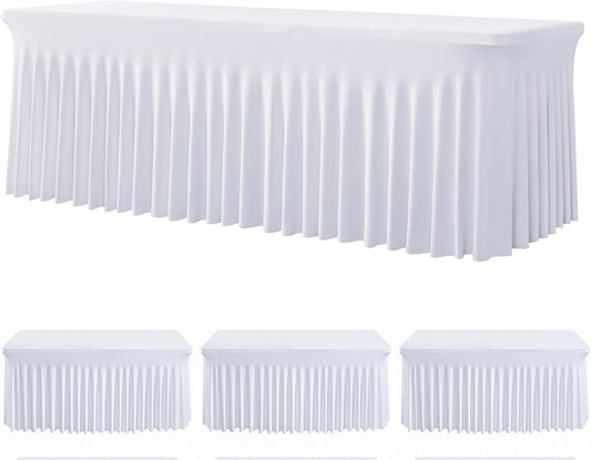 3 Pack White Spandex Table Clothes for 8 Foot Rectangle Tables, Wrinkle Free Fitted Tablecloths 8ft Stretchy Table Cloths Cover Skirt for Parties Weddings Birthday Banquet Baby Shower