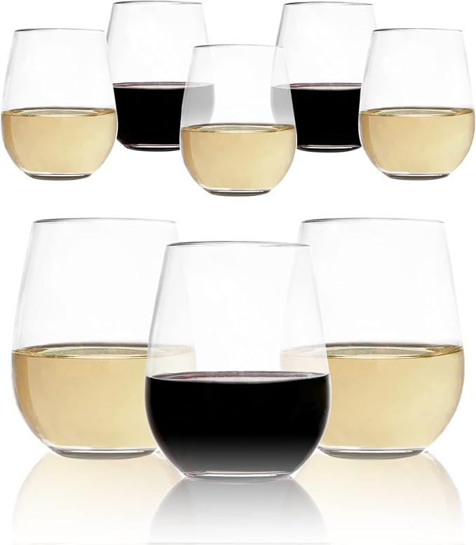 Set of 8 Unbreakable Stemless Wine Glasses – 16oz BPA-Free Tritan Plastic, Reusable & Shatterproof Drinkware for Indoor Outdoor Parties, Dishwasher Safe Crystal Clear Bar Glasses