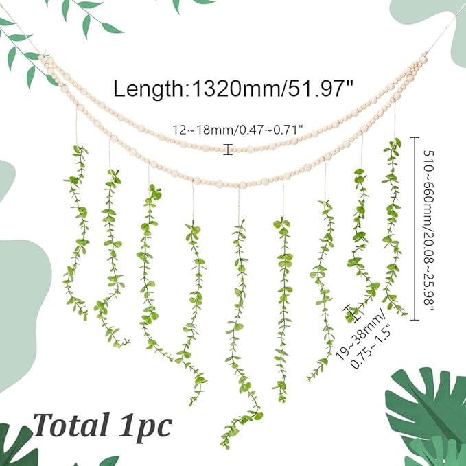 arricraft Hanging Eucalyptus Boho Wall Decor, Lime Green Artificial Eucalyptus Leaf Wall Hanging Decorations with Wooden Beads and Jute Cords for Living Room Bedroom Kitchen Decoration, 52 Inch