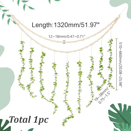 arricraft Hanging Eucalyptus Boho Wall Decor, Lime Green Artificial Eucalyptus Leaf Wall Hanging Decorations with Wooden Beads and Jute Cords for Living Room Bedroom Kitchen Decoration, 52 Inch