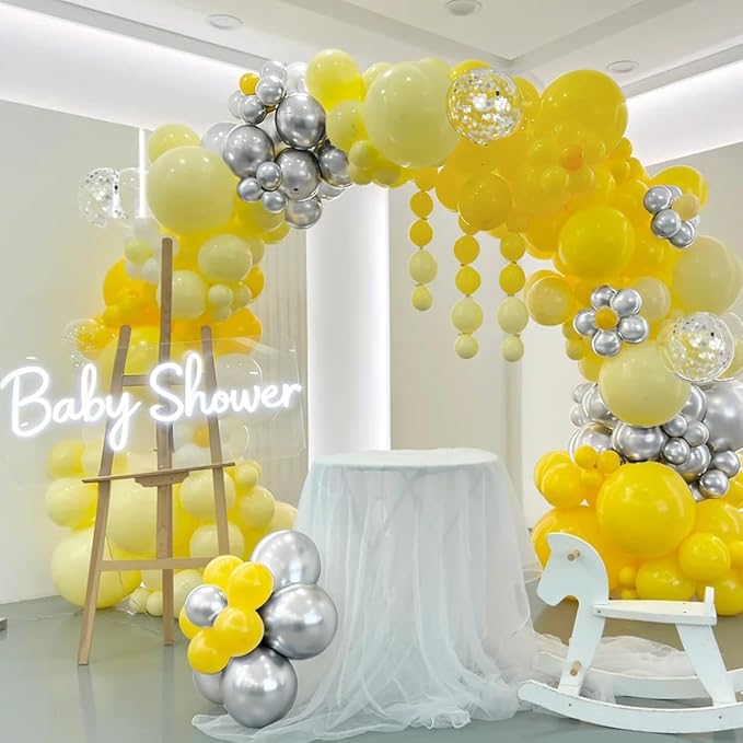 Yellow Silver Balloon Garland Arch Kit, 167Pcs Latex Balloons Different Sizes 18 12 10 5 inch for Birthday Bee themed Baby Shower Graduation Wedding Party Decorations