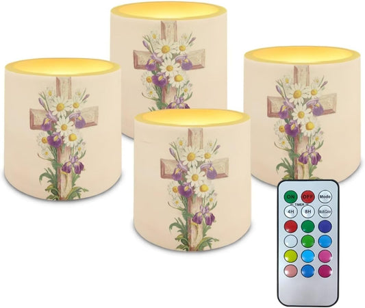 Poceacles 4 Pack Flameless LED Candles with Remote Timer, Multi-Color Battery Powered Flameless Tealights for Living Room Bedroom Home Decor, Cross Daisy Violet Flower Beige