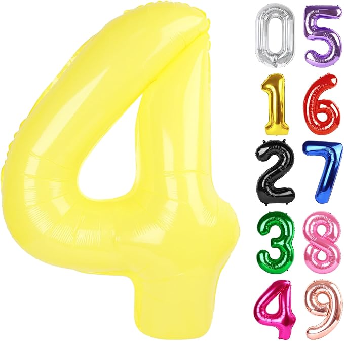 Yellow Number 4 Balloon 40 Inch, 4th Birthday Party Decorations for Children, Giant 4 Foil Balloon for Party Supplies