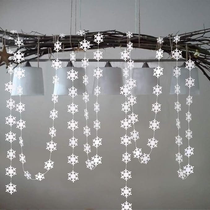 Cheerland Clearance Winter Wonderland Decorations White Snowflake Garland Hanging Paper Snowflakes Decor Snow Flake Streamer for Birthday Holiday Baby Shower Office Classroom January Party Supplies