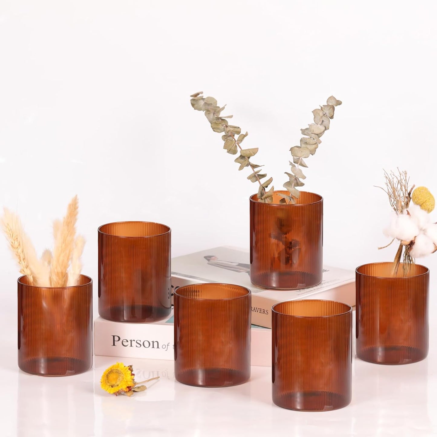 Amber Glass Cylinder Vases for Centerpieces, Set of 6 Small Vases for Flowers, Ribbed Flower Vases Fall Wedding Table Decor for Hurricane Floating Candle Holder, Bud Vases for Home Party Decor, 4"
