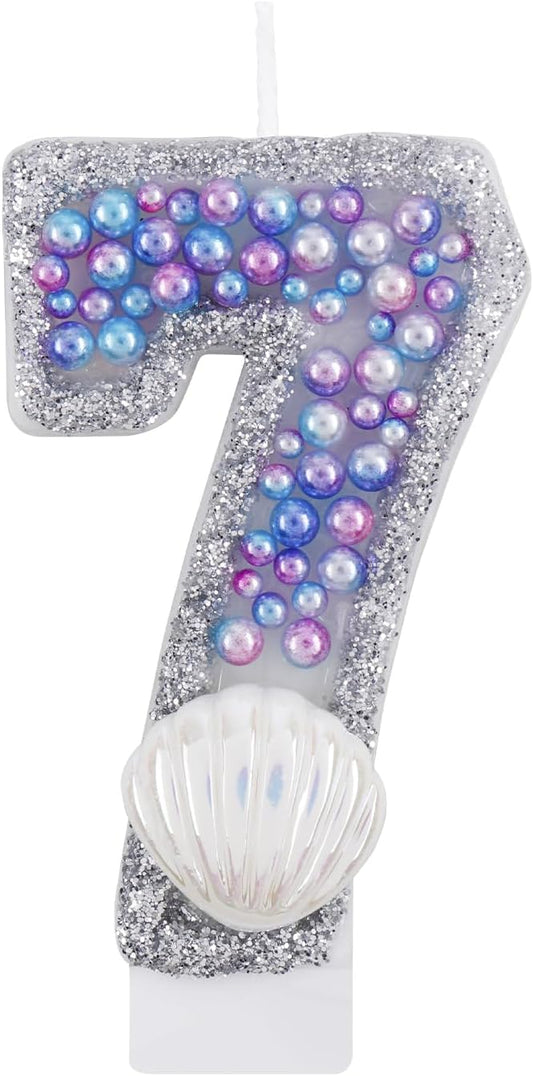 Girls Glitter 7 Birthday Number Candle, Pink Shell Sequins Blue Purple Pearls Number Birthday Candles for Boys Girls Birthday Cakes Mermaid Themed Birthday Decorations Party Supplies Number 7 Candle