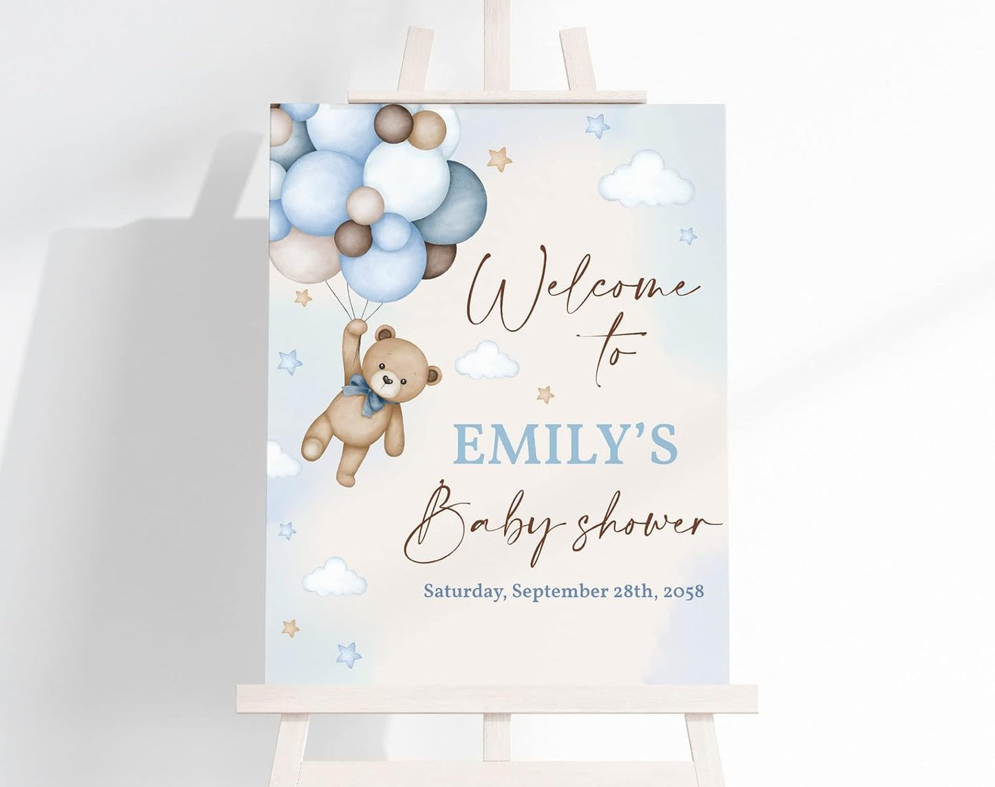 Personalized Teddy Bear Baby Shower Welcome Sign, Blue Balloon Bear Baby Shower Sign, Welcome to Baby Shower Sign Decoration.