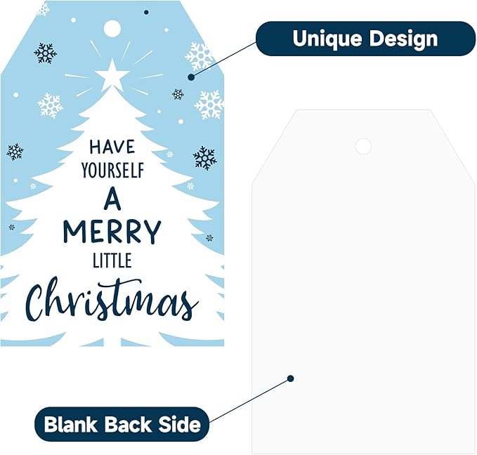 Anwyll Christmas Gift Tags with String - 50Pcs Blue Merry Christmas Name Tags for Gift Xmas to from Tag Have A Merry Little Christmas Tree Label Tag for Present Wrap Goodie Bags Holiday Party Favors