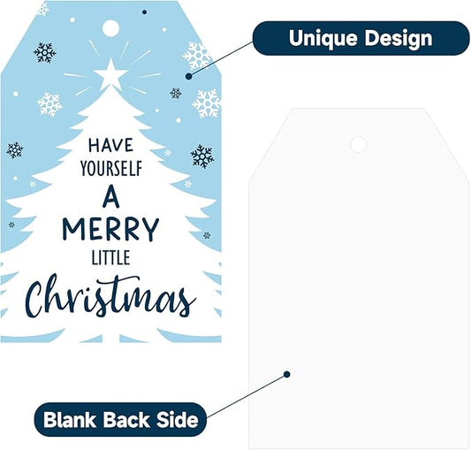 Anwyll Christmas Gift Tags with String - 50Pcs Blue Merry Christmas Name Tags for Gift Xmas to from Tag Have A Merry Little Christmas Tree Label Tag for Present Wrap Goodie Bags Holiday Party Favors