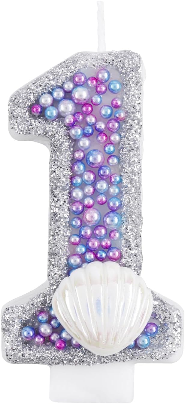 Girls Glitter First Birthday Number Candle, Pink Shell Sequins Blue Purple Pearls Number Birthday Candles for Boys Girls Birthday Cakes Mermaid Themed Birthday Decorations Party Supply Number 1 Candle