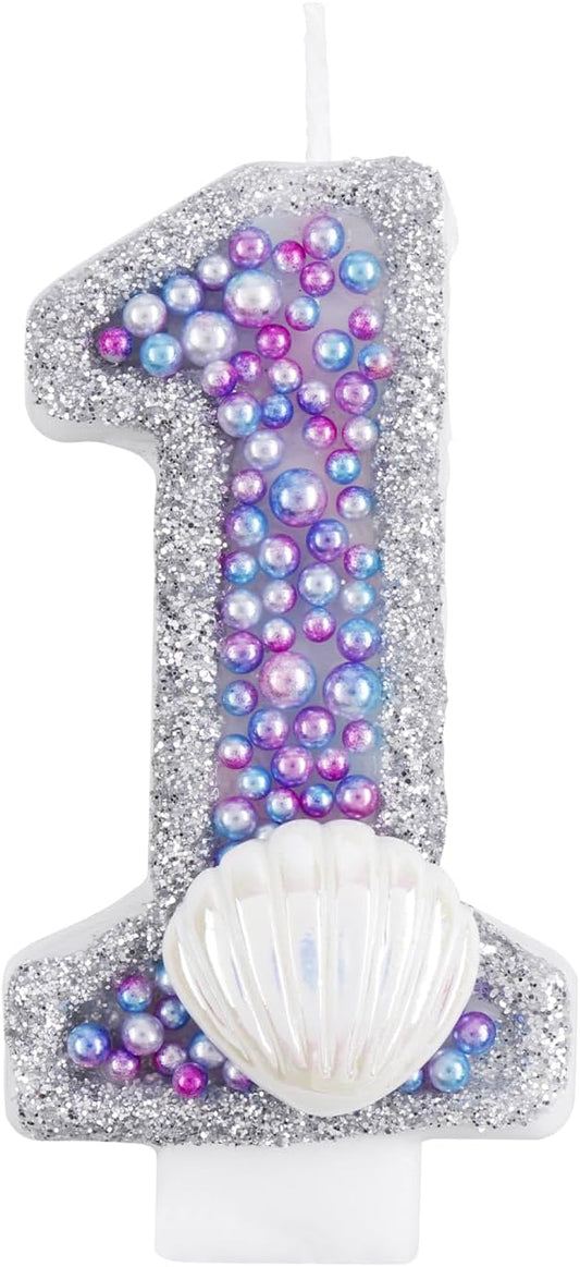 Girls Glitter First Birthday Number Candle, Pink Shell Sequins Blue Purple Pearls Number Birthday Candles for Boys Girls Birthday Cakes Mermaid Themed Birthday Decorations Party Supply Number 1 Candle