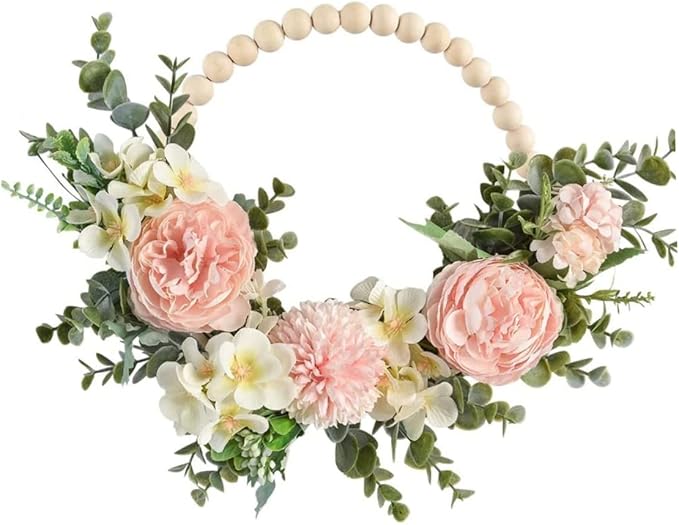 Spring Decorative Multipurpose Garland, Wood Bead Floral Wreath Artificial Flower with Eucalyptus Leaves Hanging Hoop for Wedding