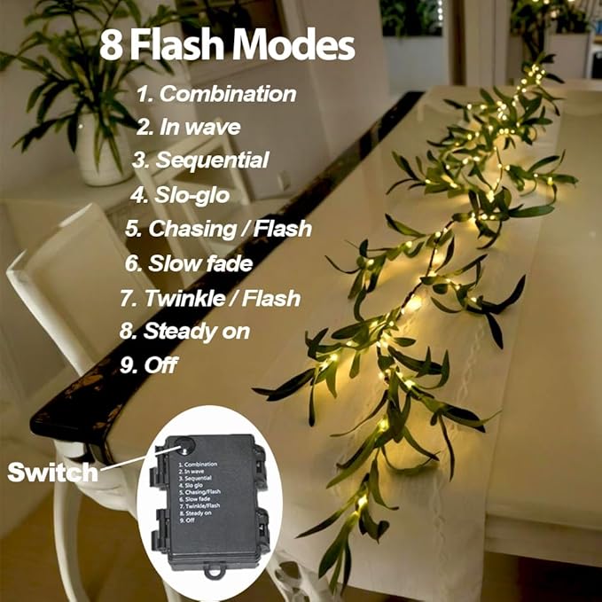 6.56FT Lighted Olive Garland with Lights 96 LED 8 Modes Battery Operated with Timer Artificial Greenery Vine Garland with Lights for Mantel Fireplace Table Wall Patio Wedding Holiday Spring Decoration