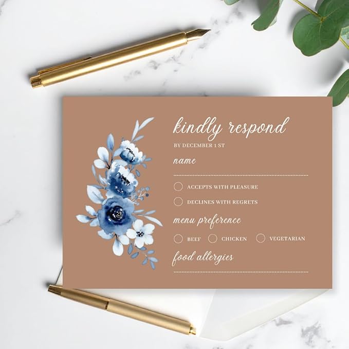 crafty-bell Glossy Finish Personalized Wedding RSVP Response Cards with White Envelopes, Blue Floral Design, 15 Count Respond Cards in Glossy Finish (Brown)