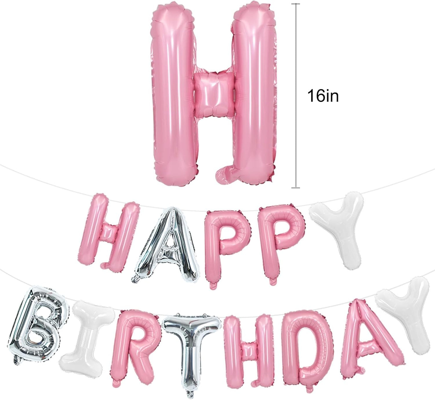 TONIFUL Happy Birthday Balloons Banner 16 Inch Mylar Foil Letters Birthday Sign Reusable for Girls Boys Kids & Adults Birthday Party Decorations Supplies（Pink Silver White）