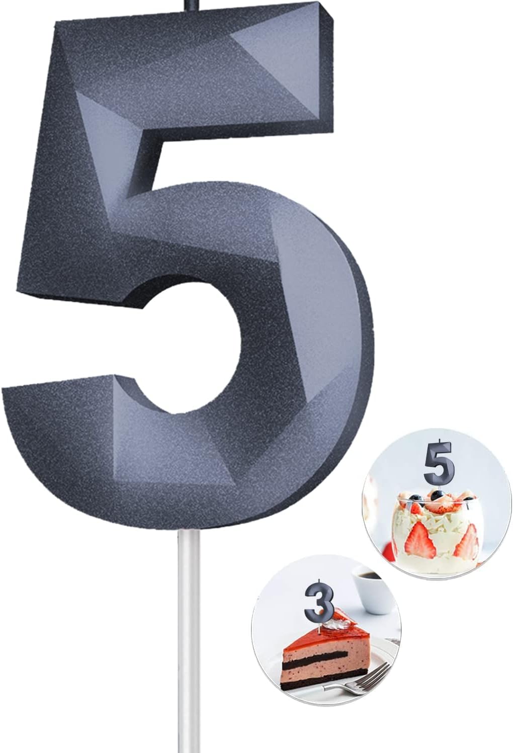 Number Birthday Candles(5 Candle Black) 3D Diamond Shape 5th Happy Birthday Cake Topper Decorations for Boy Men Birthday Wedding Anniversary Celebration Theme Party Supplies