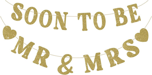 Soon To Be Mr & Mrs Sign Banner for Bridal Shower Decorations, Pre-Strung Gold Glitter Wedding Banner Decorations, Engagement Banners for Mantle Hanging Sign Couples Shower Decors
