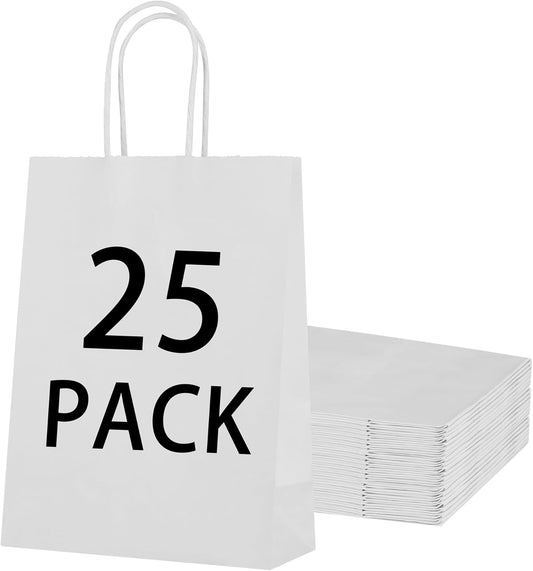 OEMVALATY 25Pcs 5.9x3.2x8.3 Inch Small White Paper Bags with Handles Bulk, Gift Wrap Bags Kraft Paper Gift Bags for Birthday Party Favors Grocery Retail Business Shopping Merchandise Goody Craft Bags