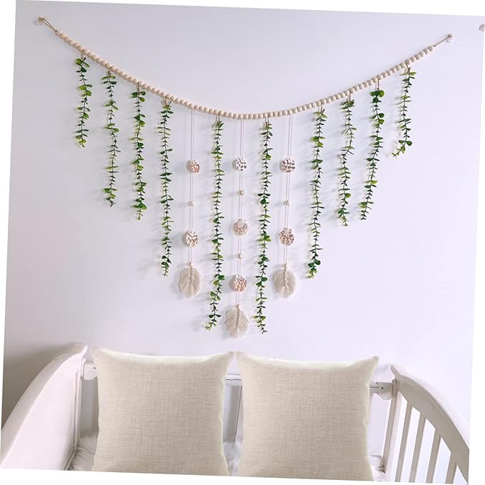 Artificial Eucalyptus Leaves Garland Wooden Bead Wall Decor Eucalyptus Decor for Bedroom