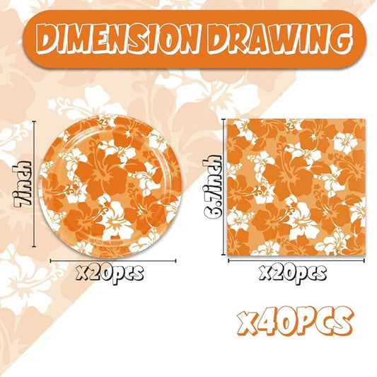 Orange Hawaiian Hibiscus Flowers Party Decorations for Kids Tropical Party Decorations 40PCS Hawaiian Flower Theme Party Plates and Napkins