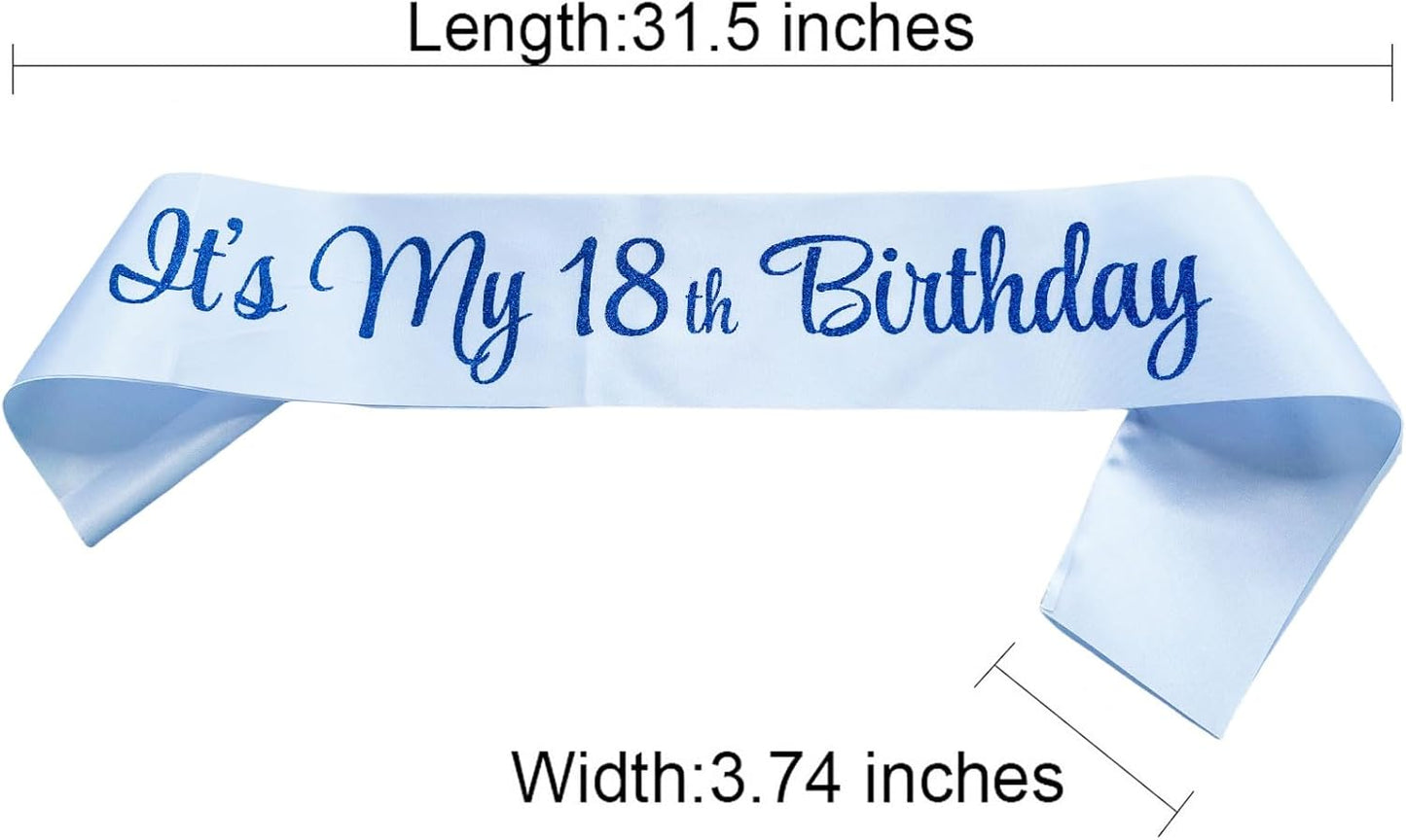 It's My 18th Birthday Sash, Birthday Sash for Women, Birthday Princess 18th Birthday Gifts Decorations for Happy 18th Birthday Party Favor Supplies,White Blue
