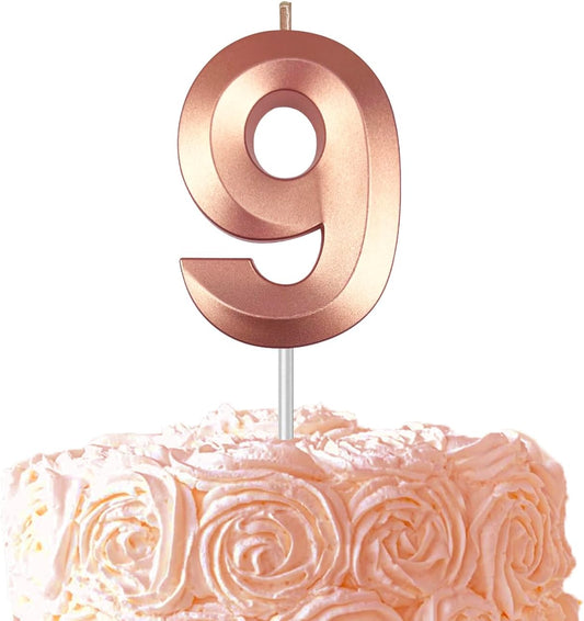 Rose Gold Number 9 Candles, 3D Diamond 2.76 Inch Cake Topper Birthday Candles for Wedding Anniversary Cake Decorations, Happy Birthday Party Decorations
