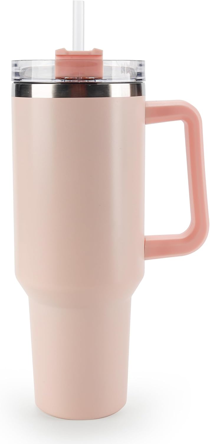 40 oz Tumbler with Handle and Straw Spill Proof Large Travel Coffee Mug Insulated Reusable Stainless Steel Cup with Lid Fit for Car Cup Holder(Rose Quartz)