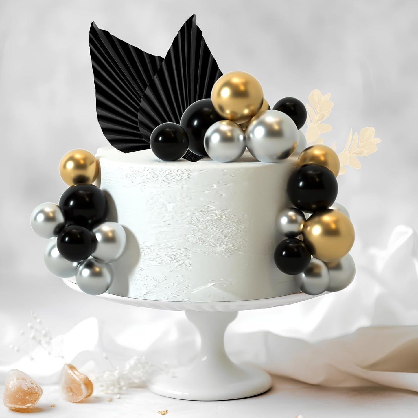 NEBURORA 64 Pcs Balls Cake Toppers and Leaves Decoration Set Mini Balloons for Cake Decorating Supplies Balls Cake decorations for Baby Shower Cake Toppers Birthday Cake Decorations (Black Gold）